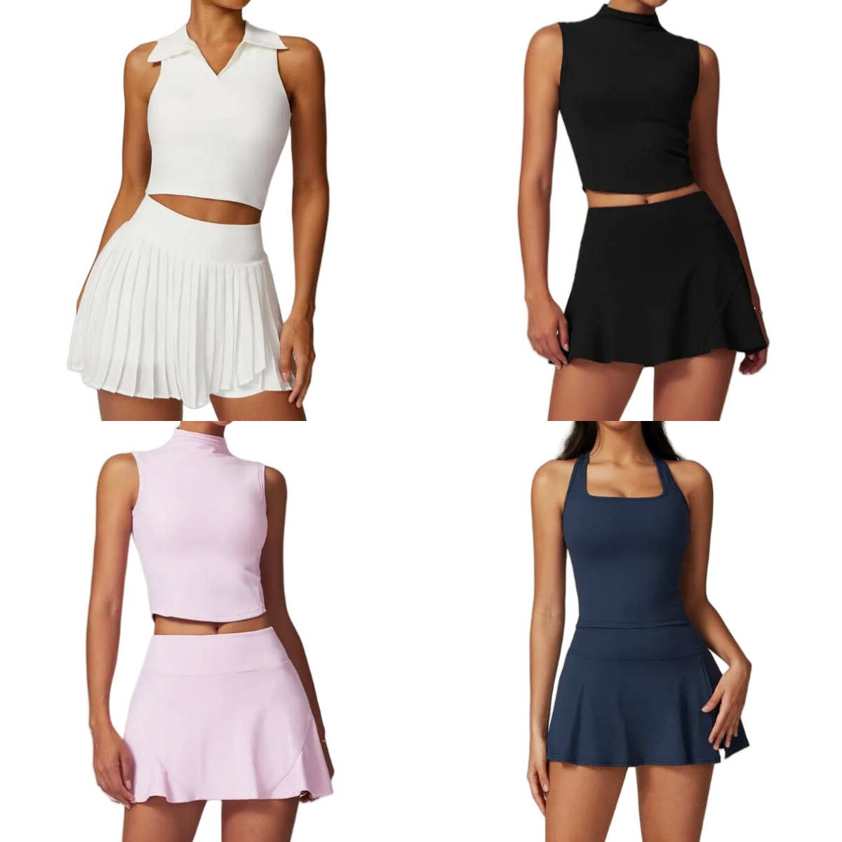 Yoga woman workout set 2 pieces sports bra breathable lined high waist tennis skirt designer simple solid color gym sets designer popular turn down collar top yf08