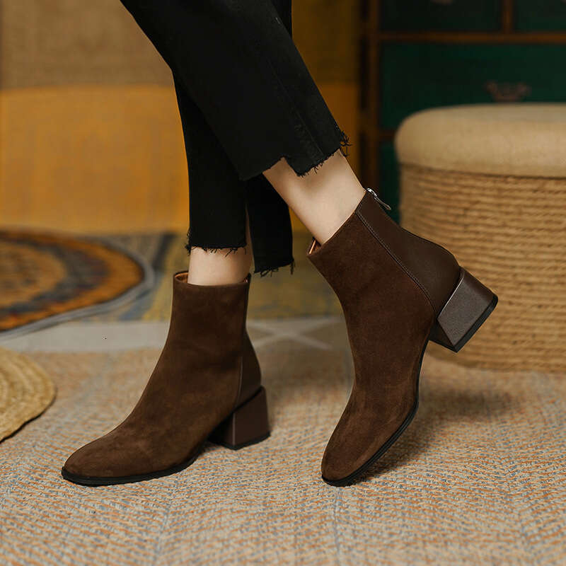 2021 Autumn Winter Women's Square Toe Simple Patchwork Brown Chunky Martin Suede Mid Free shipping Heel Back Zipper Short Boots For Women