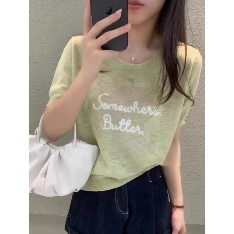 Letter y ice silk knitted short sleeved womens summer shoulder round neck thin top loose Tshirt 250407