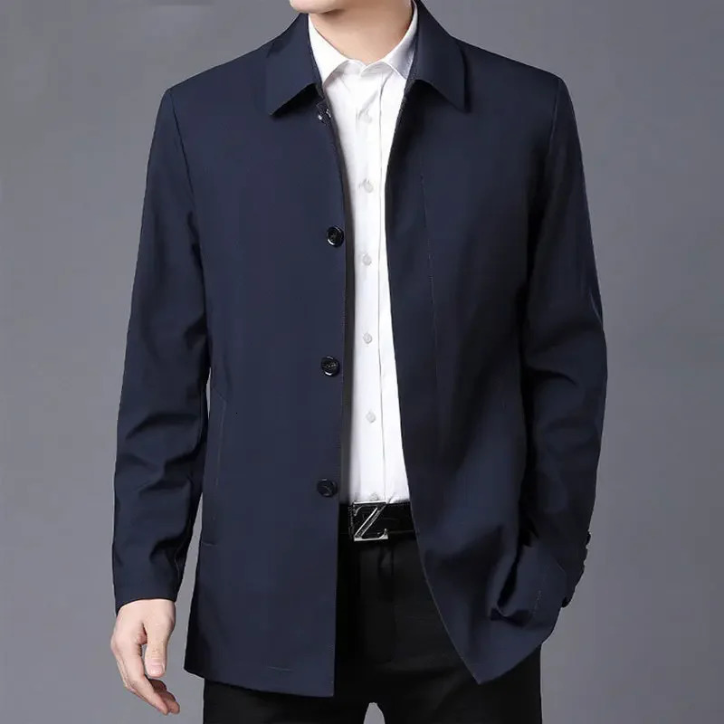 Casual Business Collar Windshield Jacket Mens Coats High Quality Spring Trench Solid Color Medium Length 250313