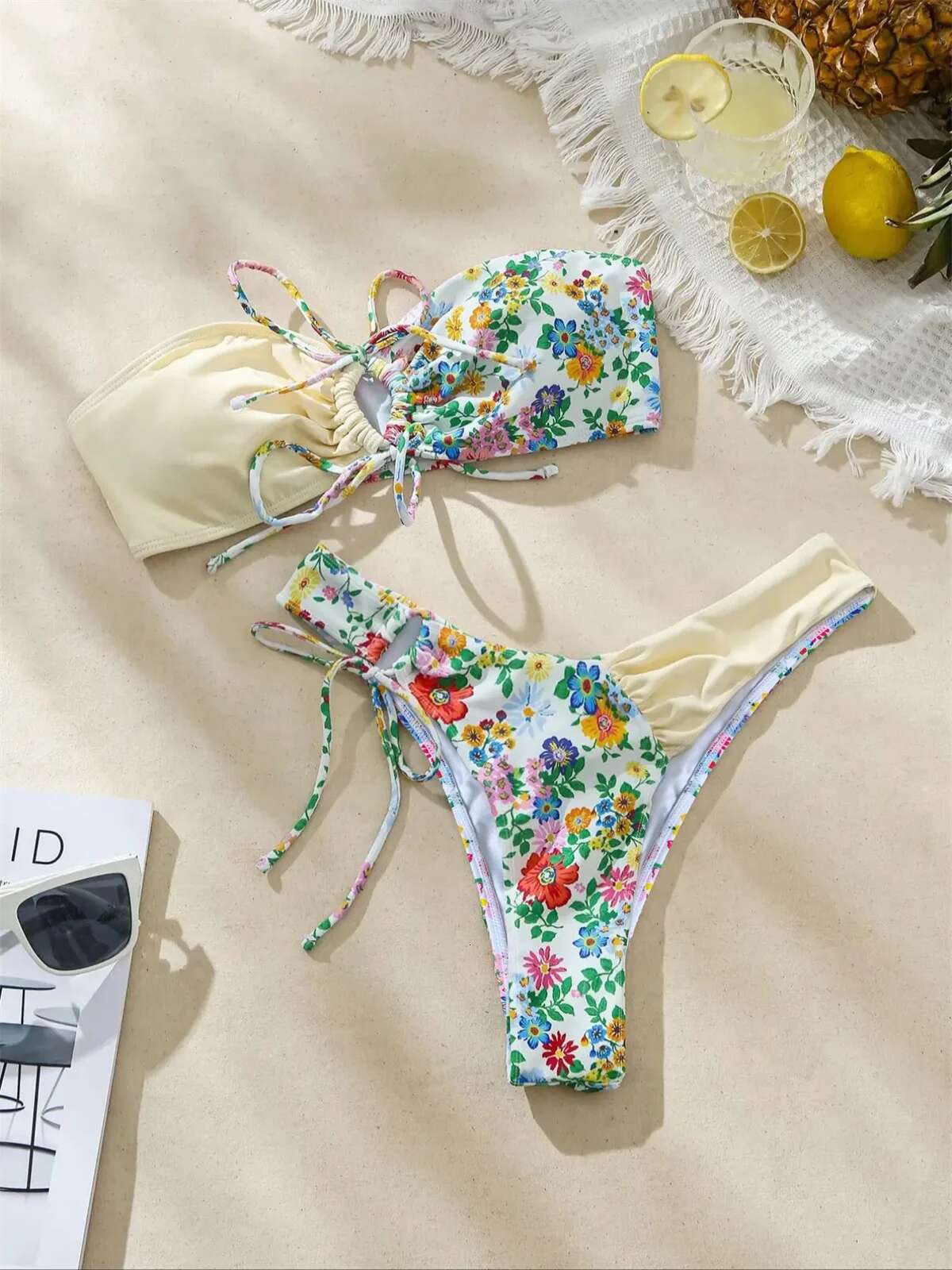 Dongdumaoyi Sexy Bandeau Bikini Green Floral Print Patchwork Bandage Cross Push Up Micro Swimsuit Beach Bathing Suit Thong Swimwear