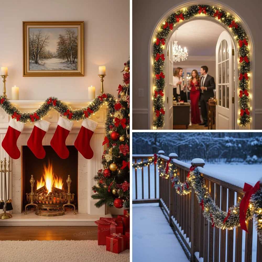 Christmas Christmas Garland with LED Lights 2M Artificial Rattan Wreath for Xmas Tree Ornaments Indoor Outdoor Home Party Holiday Decor Y251106