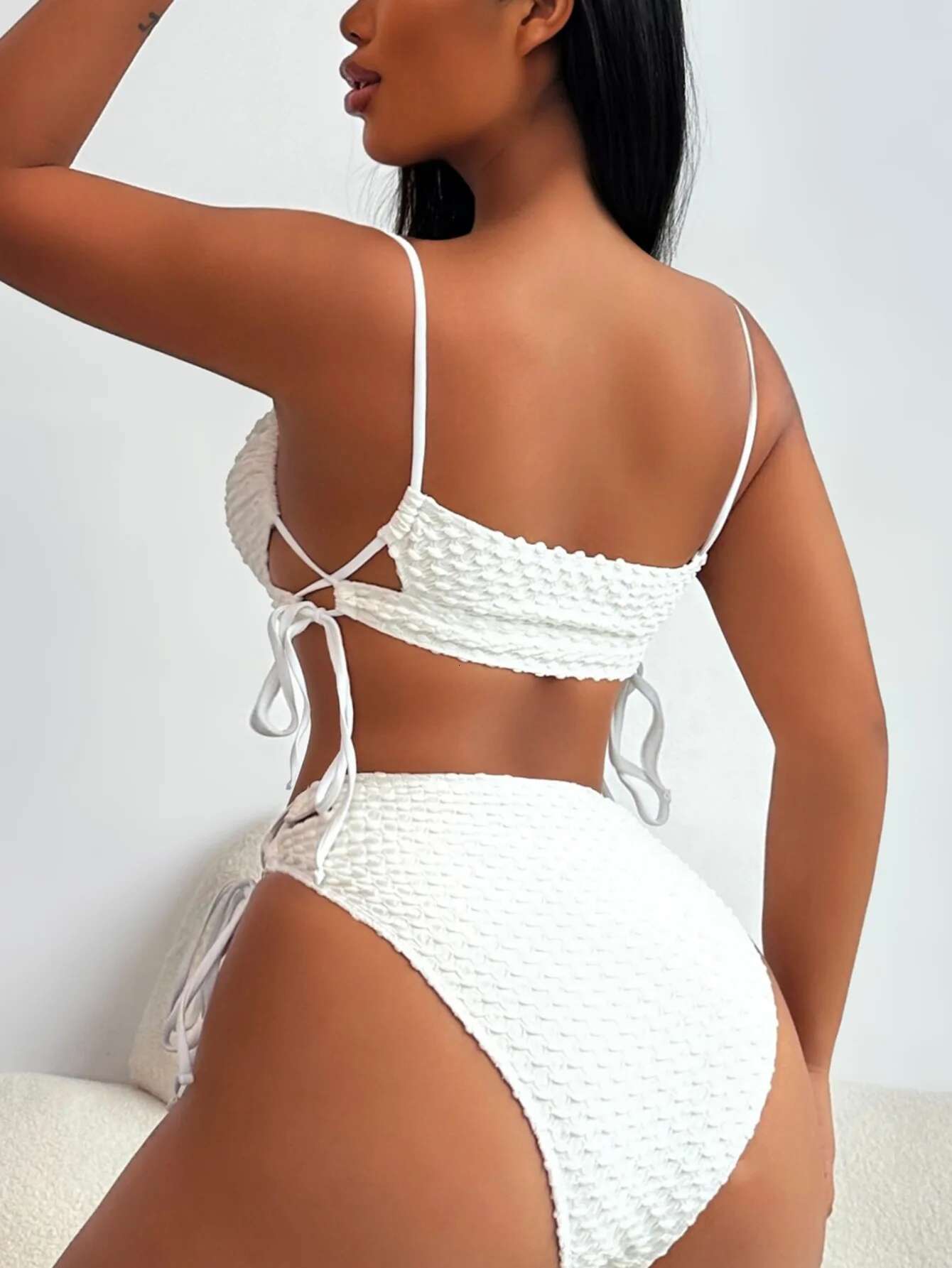 Dongdumaoyi Sexy White Bikini Set Women Hollow Bandage Cross Push Up Drawstring Side High Waist Swimsuit Beach Bathing Suit Swimwear