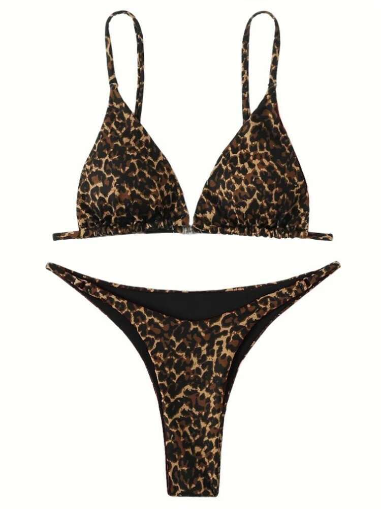 Dongdumaoyi Sexy Black Leopard Print Bikini Women Halter Push Up Bra Triangle Swimsuit Brazilian Cut Out Bathing Suit Micro Swimwear