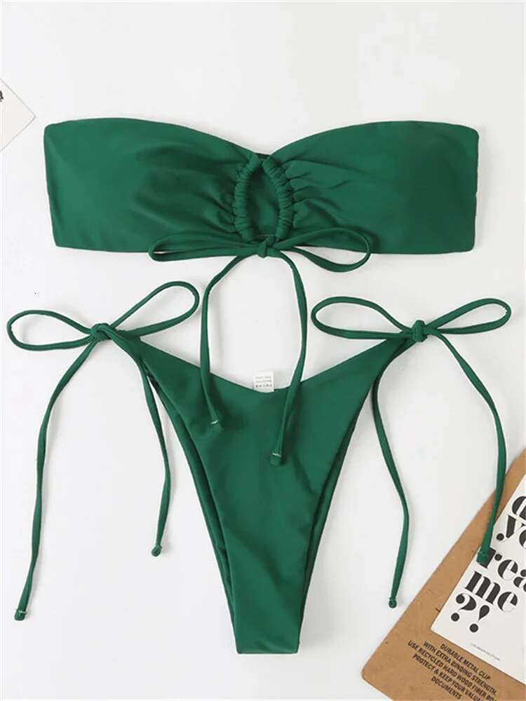 Dongdumaoyi Sexy Bandeau Bikini Swimwear Women Red Black Pleate Lace Up Swimsuit Cut Out Beach Bathing Suit Tie Side Thong Bikinis Sets
