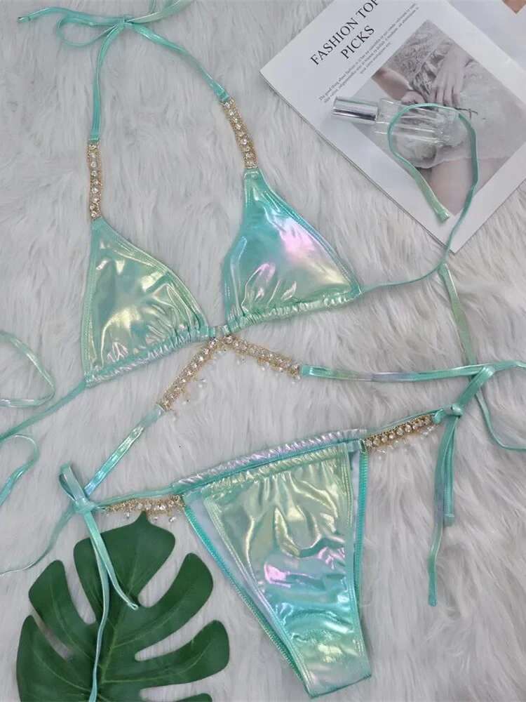 Dongdumaoyi Brozing Green Bikinis Sets Women Luxury Rhinestone Criss Cross Bandage Swimsuit Bathing Suit Diamond Thong Swimwear