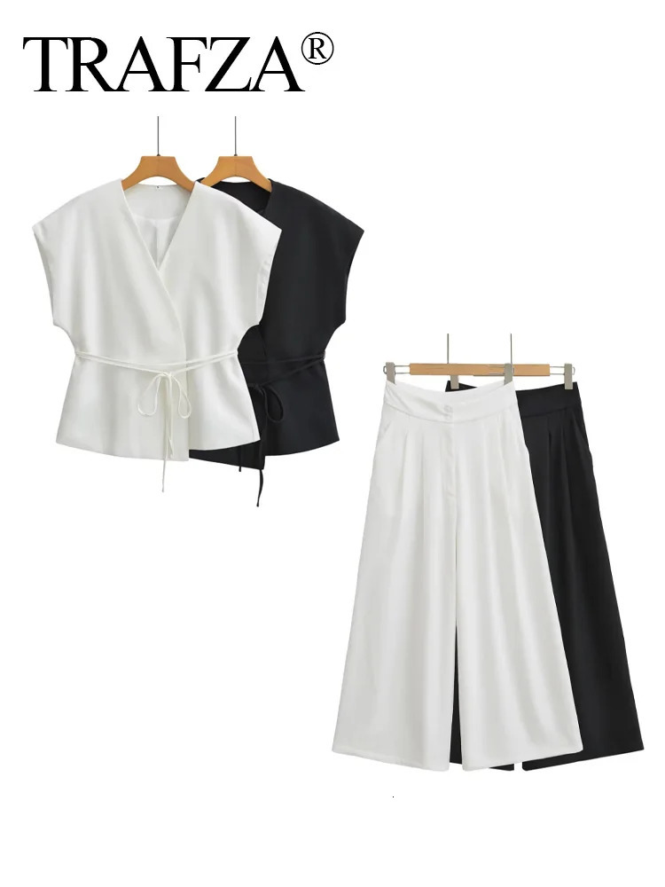 TRAFZA Summer Womens Pants Set Double Collar Lace Tank TopZippered Pocket Folded Solid Loose Mens Casaul 250407
