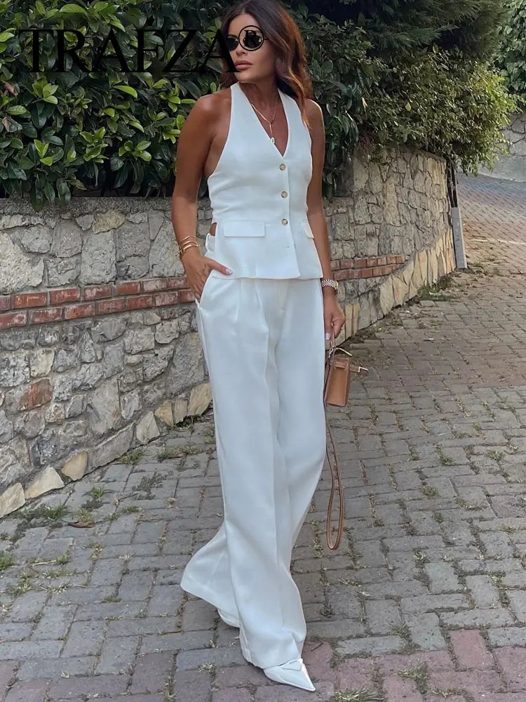 TRAFZA Women Fashion Solid Pant Suit Holder Single Breasted Sleeveless Blazer Vest Top Zipper Fly Trousers Office Lady Sets 250313