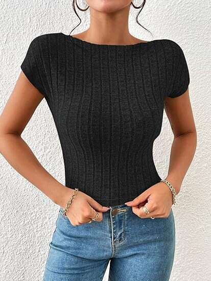 Design sense: European American summer sexy slim fit backless top, wide stripe fleece short sleeved T-shirt, women's 2025 new style, chic and ele