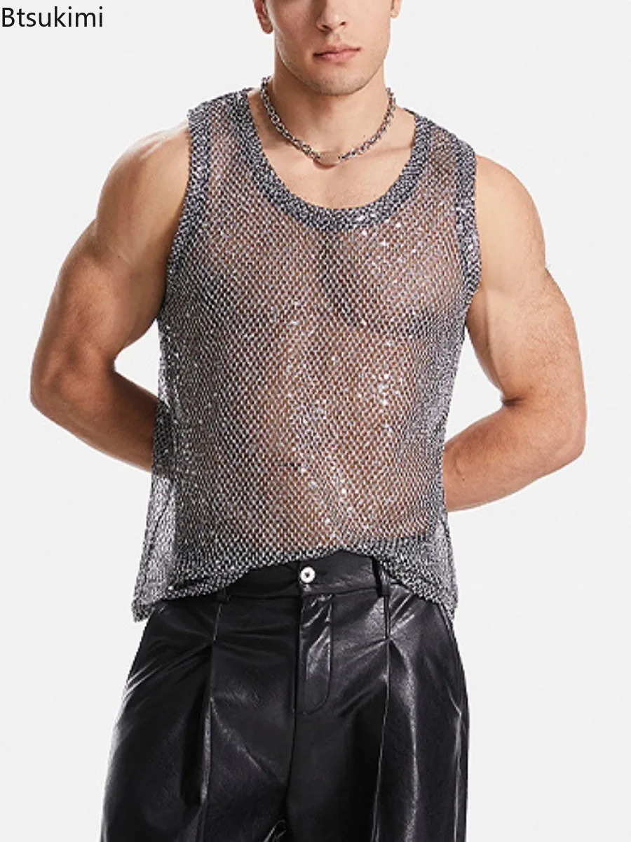 Sexy Mens Hollow Out Mesh Tank Tops Fashion Sequin Woven Casual Sleeveless Vest Tops 2025 See Through Streetwear Male Waistcoat 250407