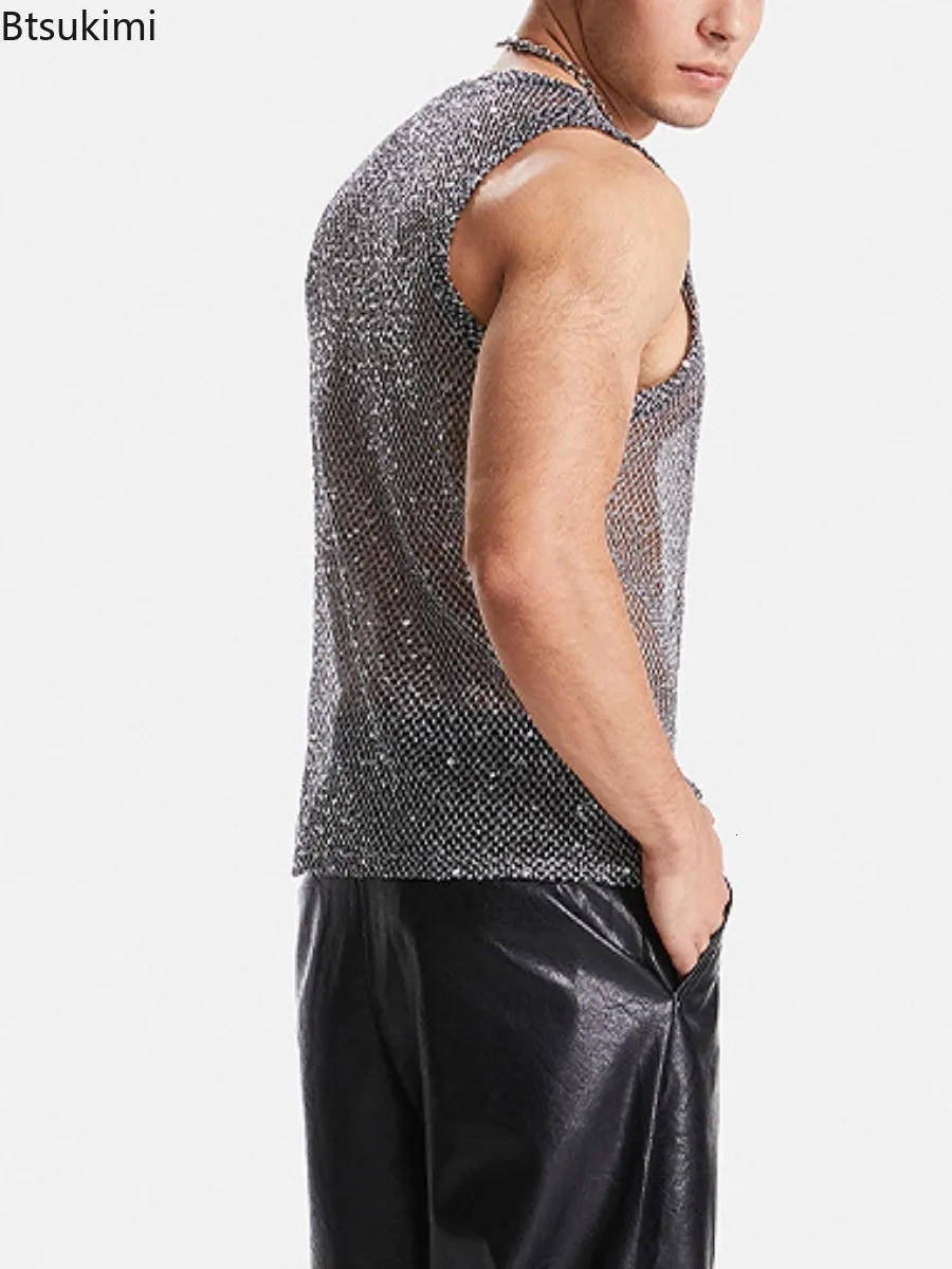 Sexy Mens Hollow Out Mesh Tank Tops Fashion Sequin Woven Casual Sleeveless Vest Tops 2025 See Through Streetwear Male Waistcoat 250407