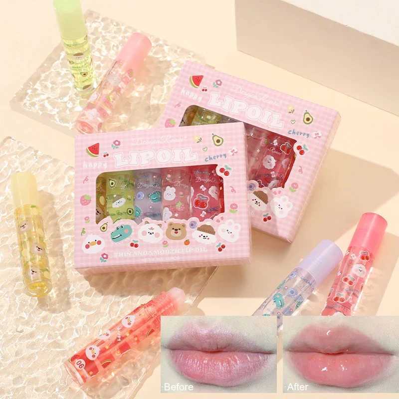 Dragon Ranee 6pcs/set Transparent Colorless lipstick Cute Fruit Cartoon lipstick Moisturizing Roller lipstick Set W250407