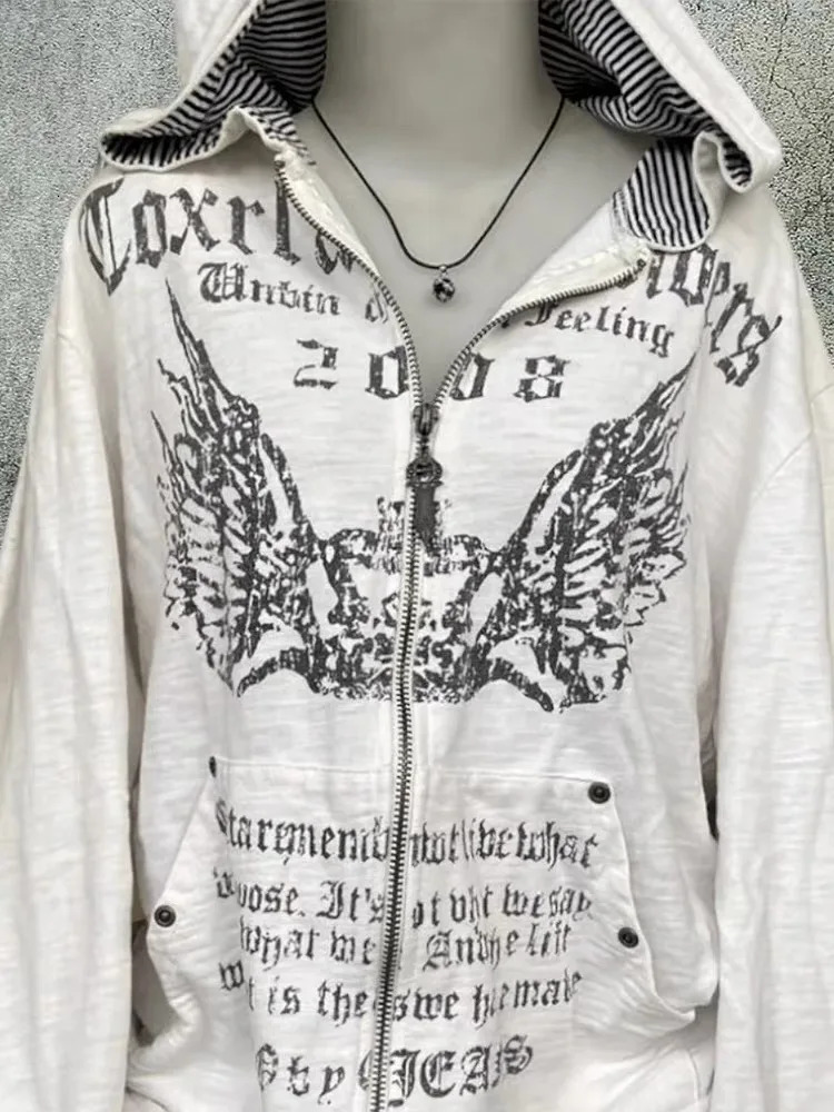 Grunge printing ultrathin waist Y2k hooded sweatshirt zipper retro womens clothing long sleeved top casual fashion 250403