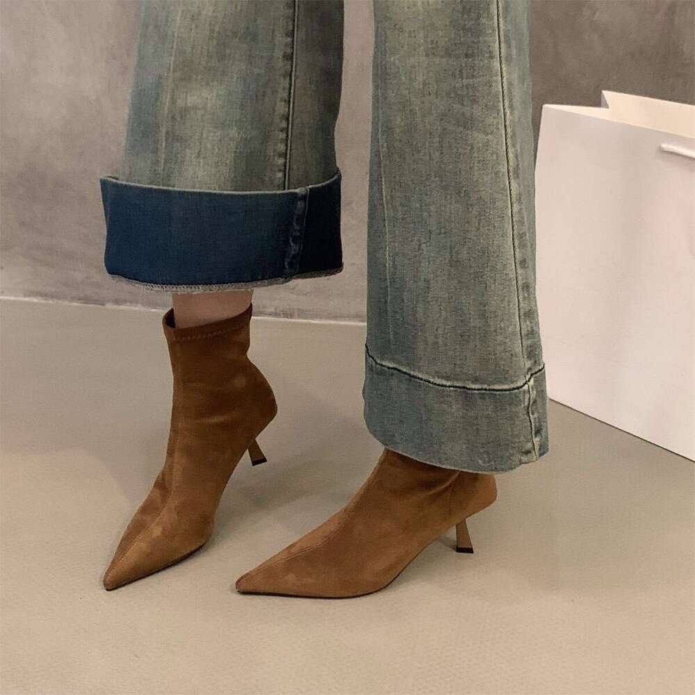 High Heel Free shipping Pointed Toe Brown Suede Slim Short Women's Shoes 2025 New Autumn Winter Fleece-Lined French Style Ankle Boots
