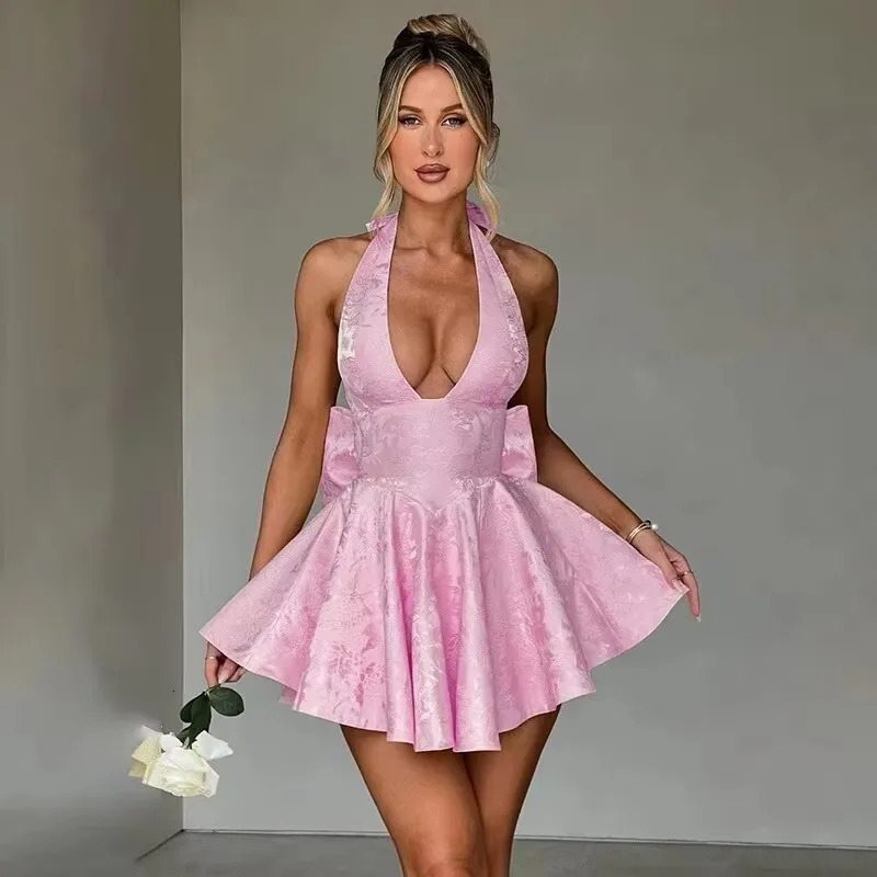 Townlike Jacquard Waist Bag A-line Dress Womens Mini Spring/Summer Dress Elegant Bow Back Free Sexy Party Dress 250402