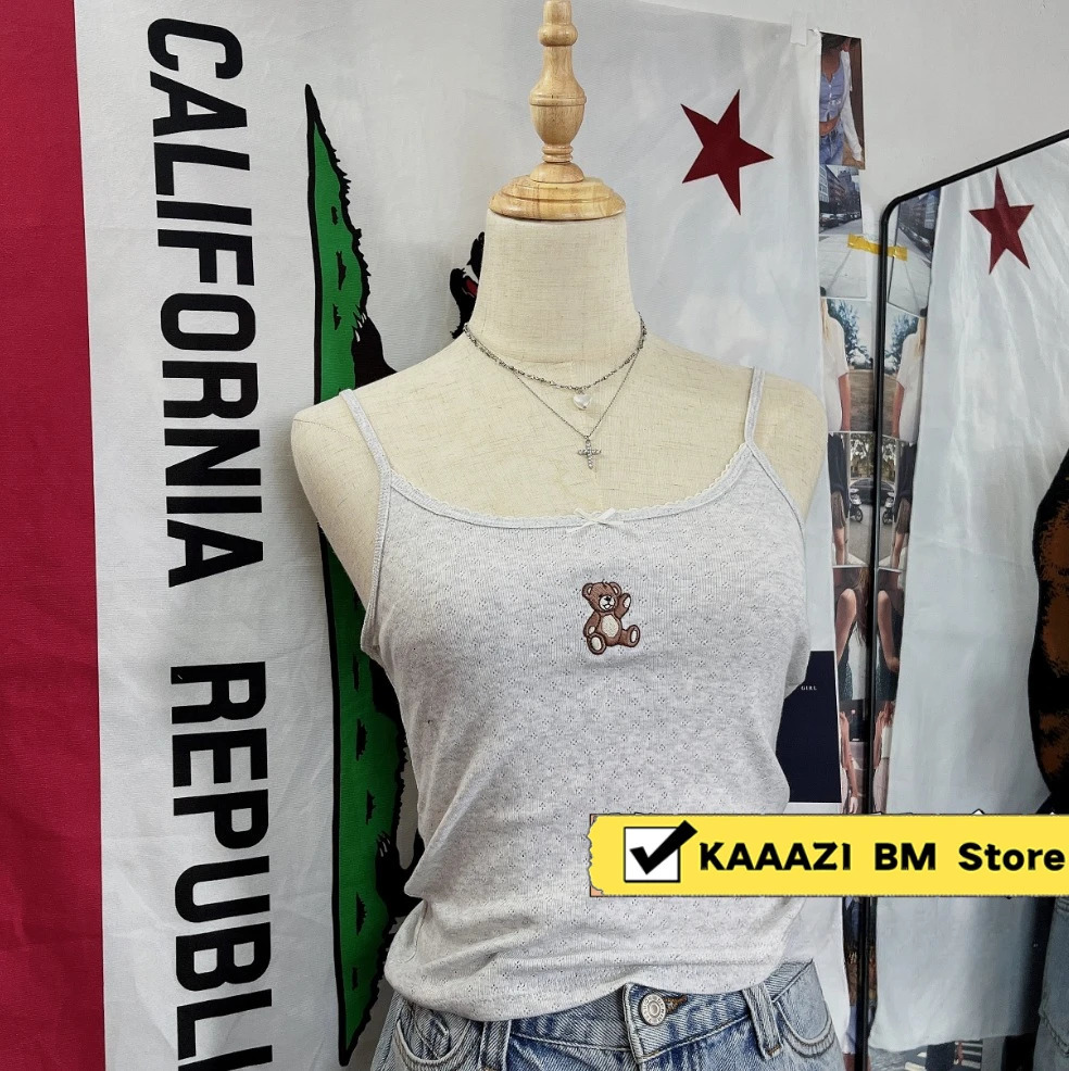 Cute teddy bear ed bow vest womens summer sleeve strapless solid retro slim crop top Y2K Versatile 250407