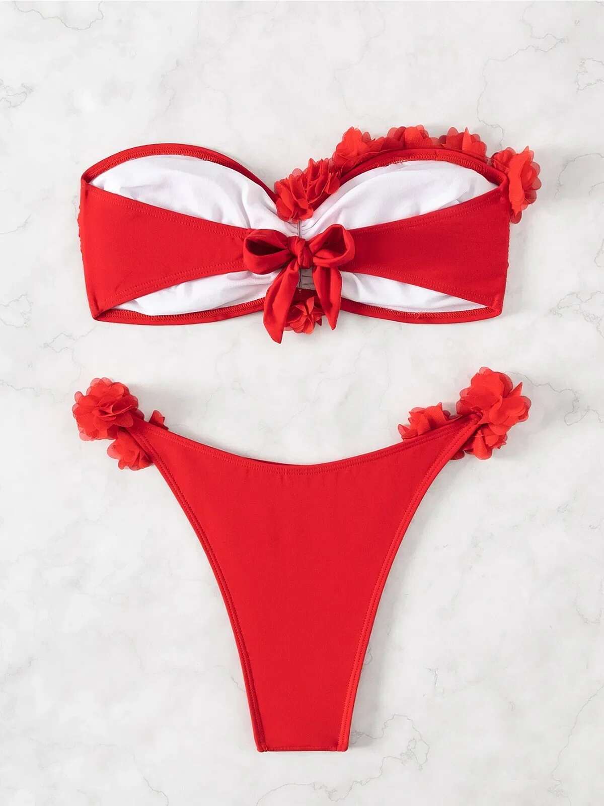 Dongdumaoyi New Red D Flower Two Piece Swimsuit Sexy Solid Color Strapless Bandeau Bikini Set Backless Thong Beach Vacation Swimwear