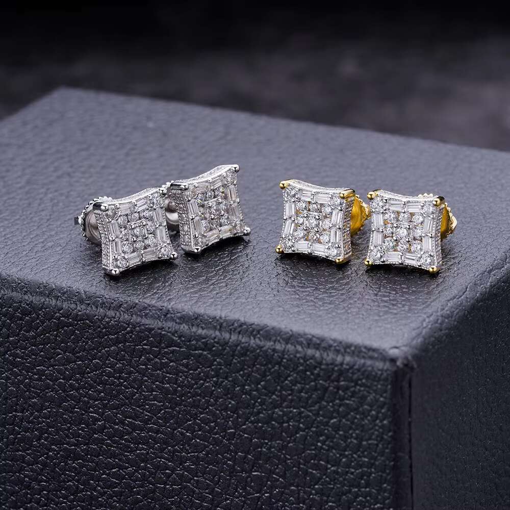 Hip Hop VVS Moissanite Iced Out Baguette Cut Cz Screw Stud Rapper Fashion Earrings