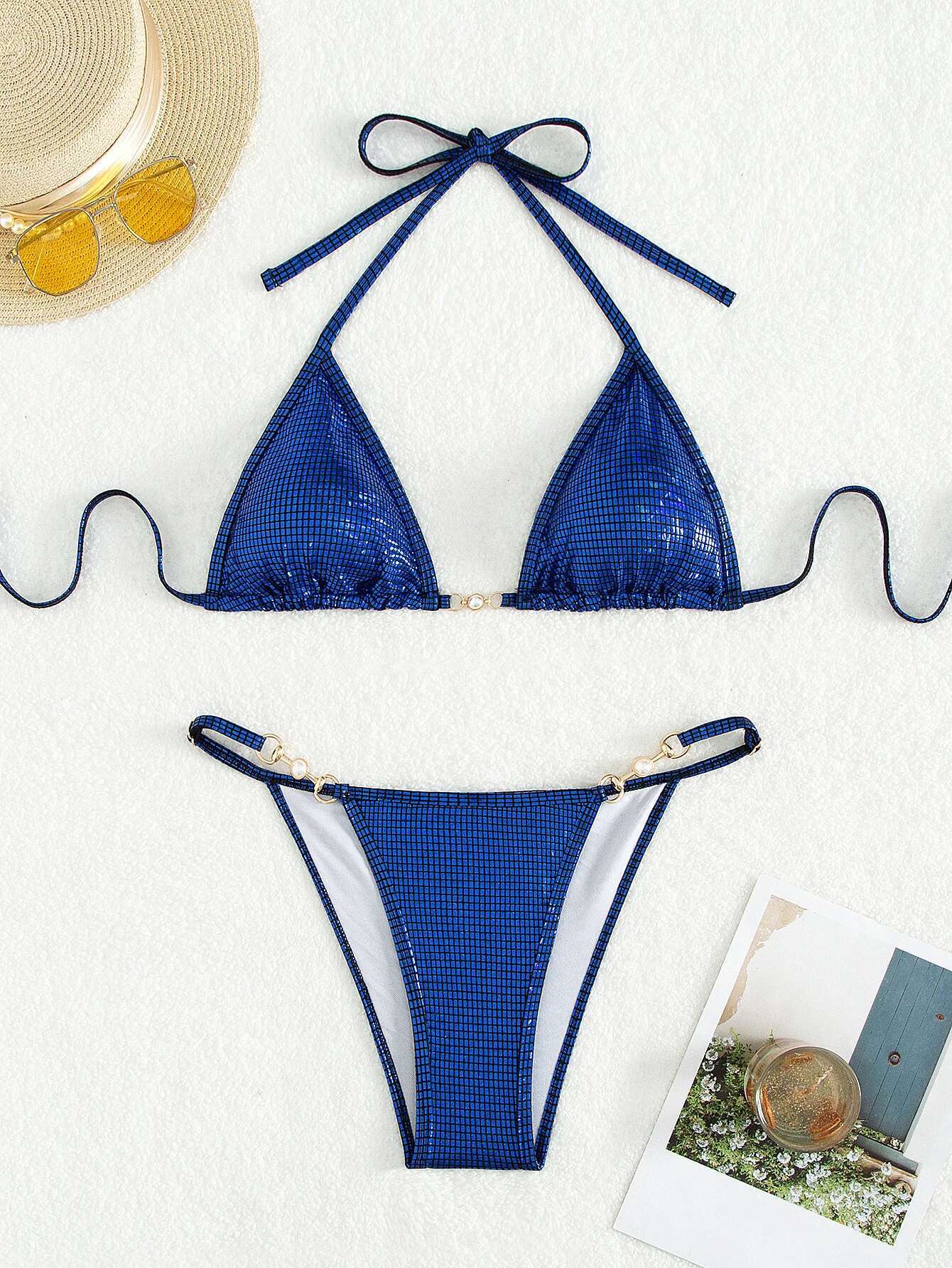 Dongdumaoyi Shiny Blue Bikini Set Women Sexy Sequin Push Up Bra Pearl Design Swimsuit Beach Bathing Suit Bandage Micro Swimwear Biquini
