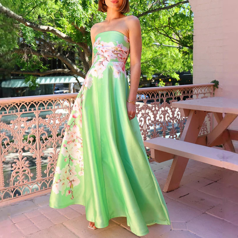 Womens fashionable floral printed beach long dress casual sleeveless high waisted party dress elegant strapless pleated ultra-thin Bosnian dress 25040