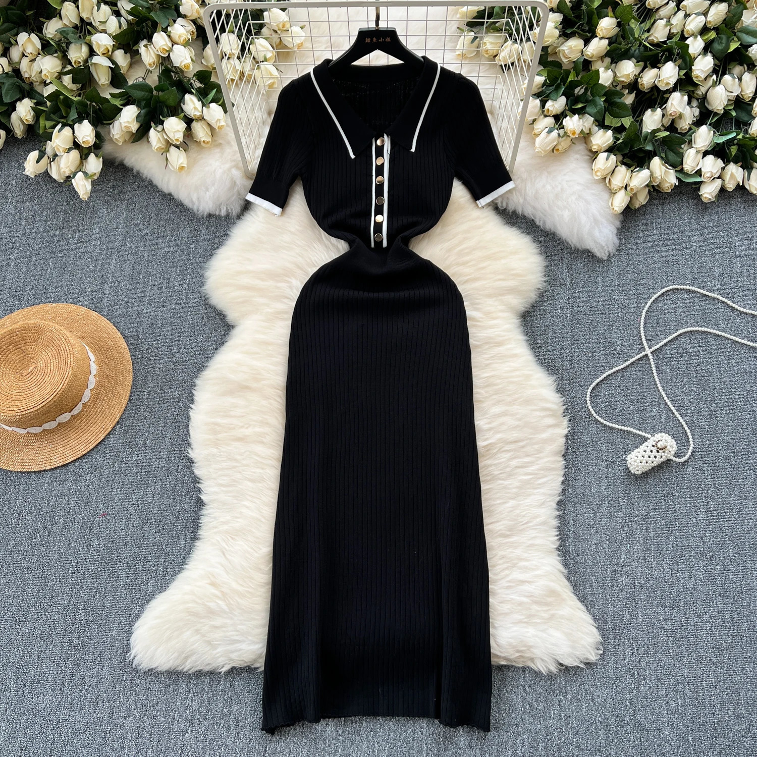 EFT Summer Womens Polo Knitted Dress Color Lock Elegant Short Sleeve Button Body Wrap Dress 250402
