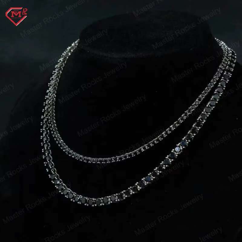 Hiphop Black Tennis Chain 925 Sterling Silver VVS Moissanite Diamond Chain Black Tennis Chain