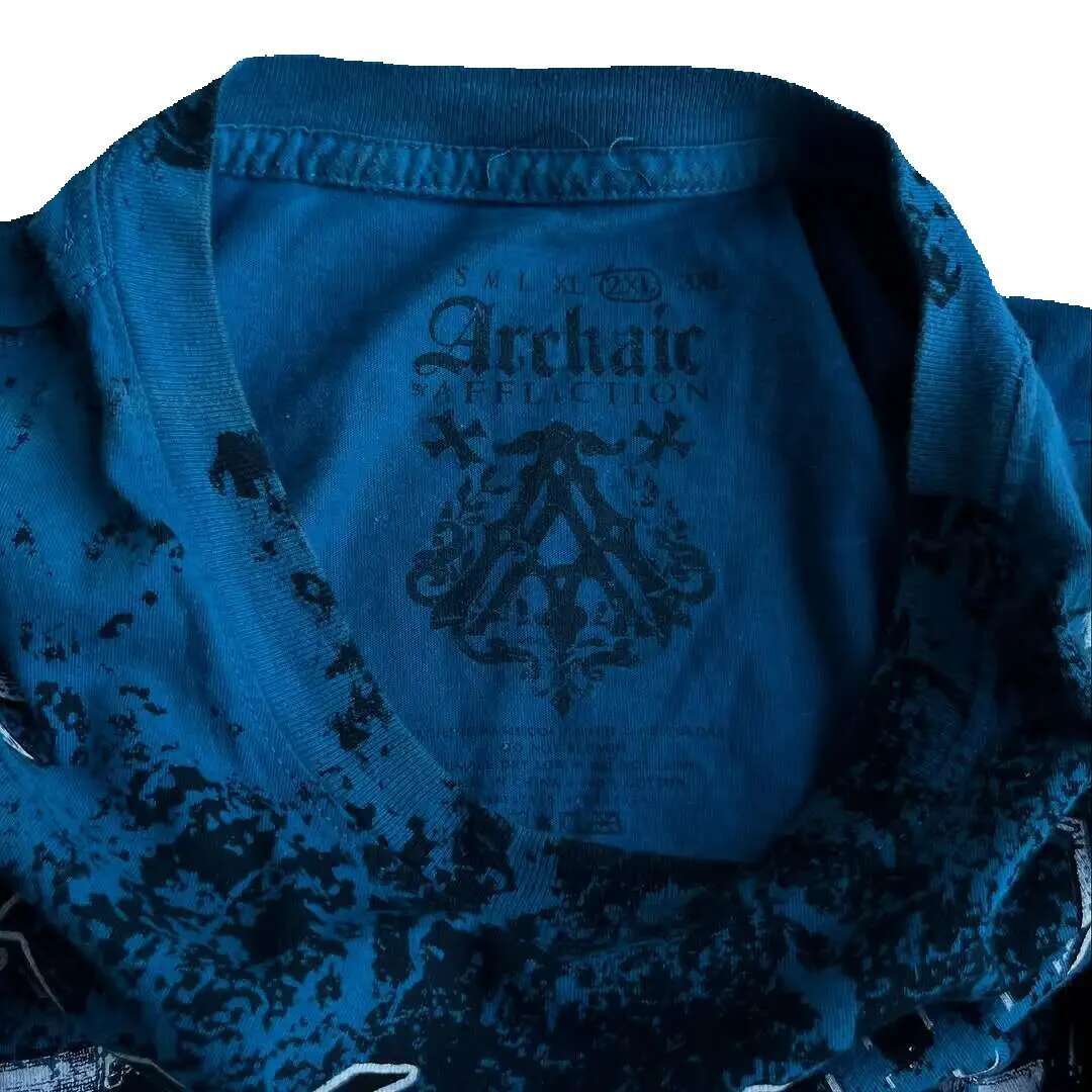 Men's short sleeved T-shirt, cotton, vintage streetwear, blue printed letters, hip-hop, gothic, punk, Y2K