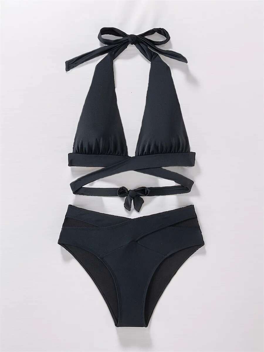 Dongdumaoyi Sexy Halter Cross Bandage Bikinis Sets Women Black Hollow Out High Waist Swimsuit Beach Bathing Suit Two Piece Swimwear