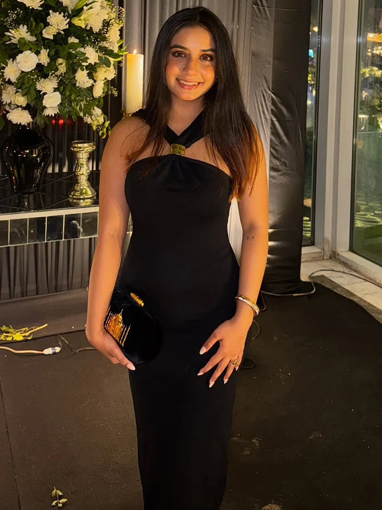 TRAFZA Womens Black Sexy Collar Temperature Knitted Dress Elegant High Waist Party Sleeveless 250407