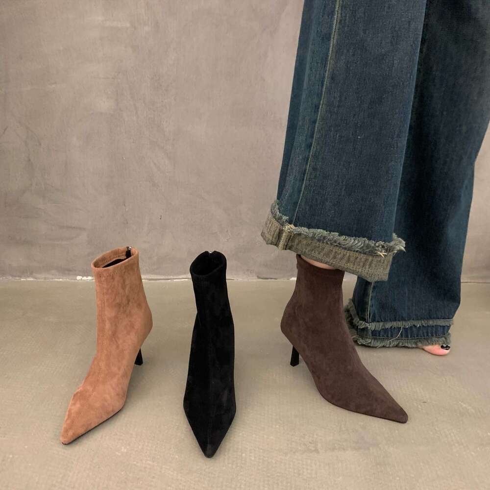 High Free shipping Heel Pointed Toe Elegant Suede Slim Short For Women 2023 New Autumn Winter Fleece-Lined Korean Style Ankle Boots