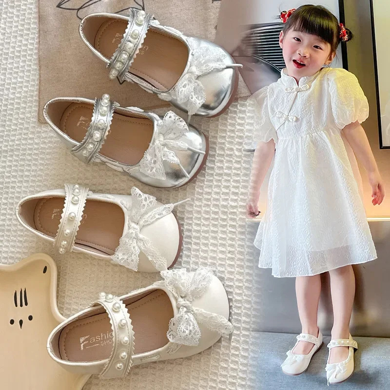 Childrens girls pearl lace princess shoes spring and summer lace bow show solid color casual flat slider size 23-34 250402