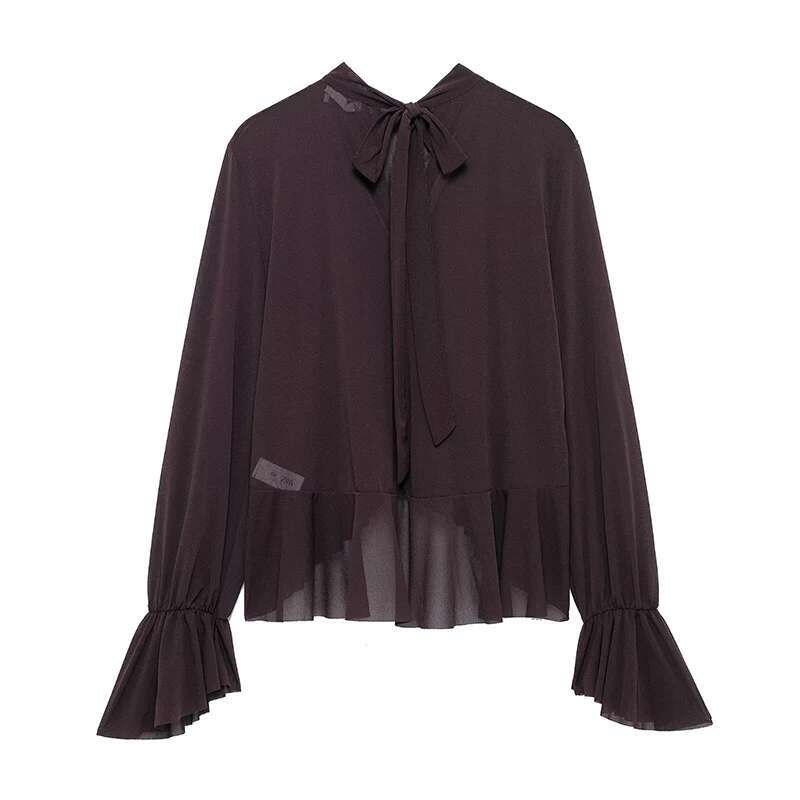 Willshela Women Fashion Brown Back Bow Lace Up Ruffled Pleated Pullover Blouse Vintage O-Neck Female Chic Lady Shirts