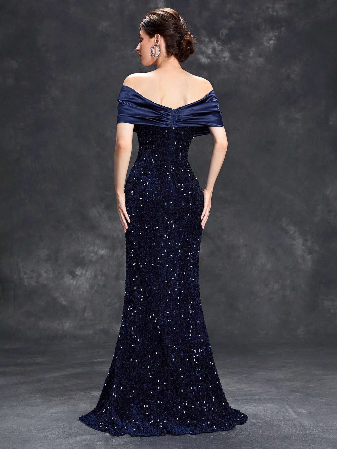 Mgiacy E Neck Pleated Tint Sequin Veet Fishtail Dress Evening Gown Ball Party Bridesmaid Dress