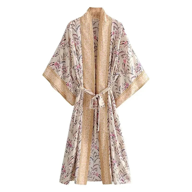 Bohemian Queen Fashion Womens Green Flower Printed Bat Sleeve Artificial Silk Beach Kimono Vneck Robe Bikini Top 250327