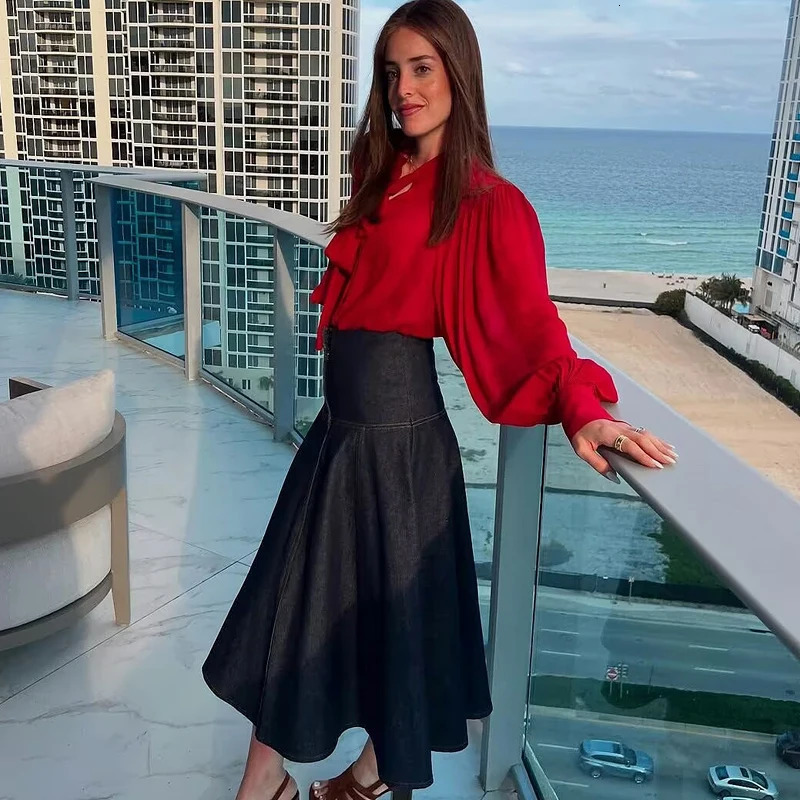 Red womens shirt bow elegant fashionable pleated long sleeved ruffled edge top office clothes springsummer 250407