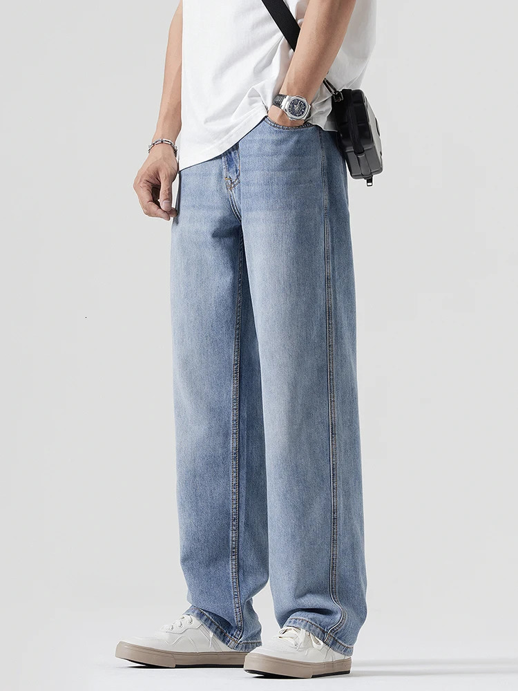 Korean fashion mens casual bag jeans comfortable straight denim wide pants solid color Trouser streetwear 250401