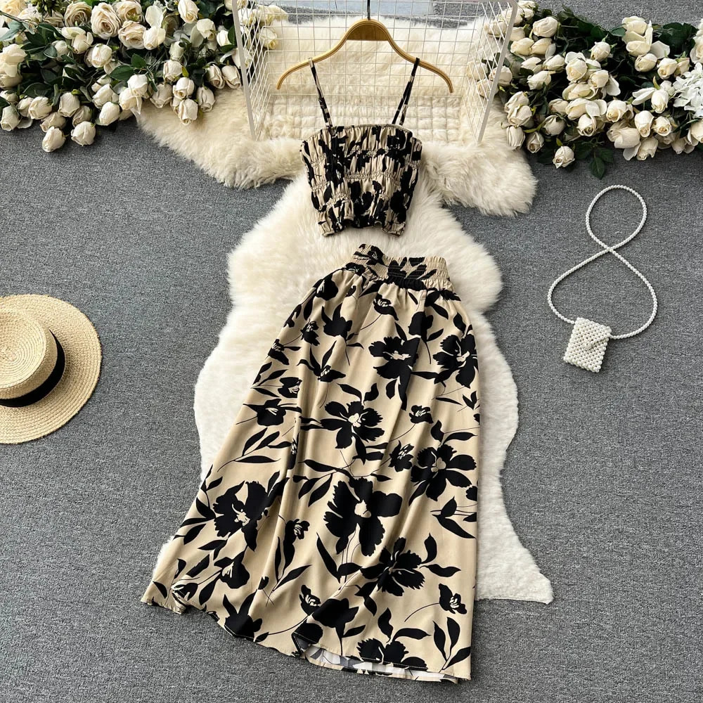 Holiday Flower Print Two Piece Set Zipper n Ultra Thin Tank TopLong Sleeve Retro Bohemian Beach 250313