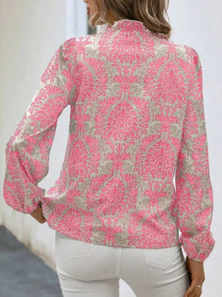 Womens long sleeved Vneck embossed pleated lantern sleeves fully printed buttons for summer and autumn 250407