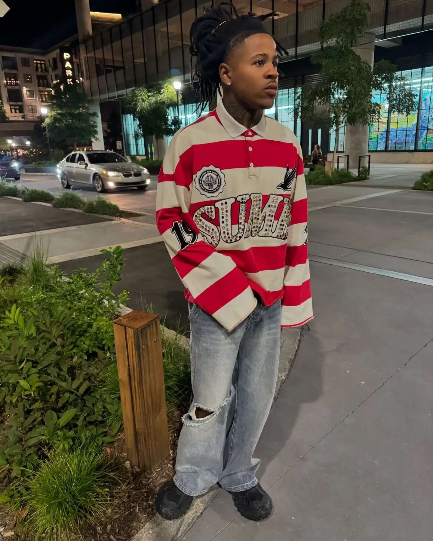 Sume Autumn Men Hip Hop Klein Stone Embroidery Stripe Polo Y2k Retro Fashion Classic Lapel Neck Long Sleeved T Shirt