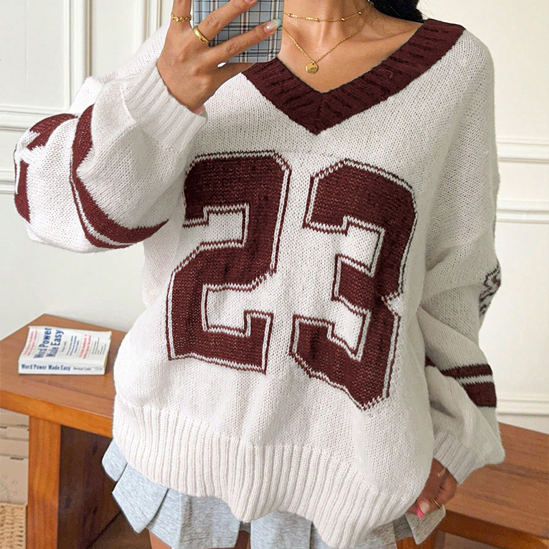 Women's color-blocked sports top, V-neck long-sleeved sweater, color-block stripes, number pattern jacquard--SSJ020