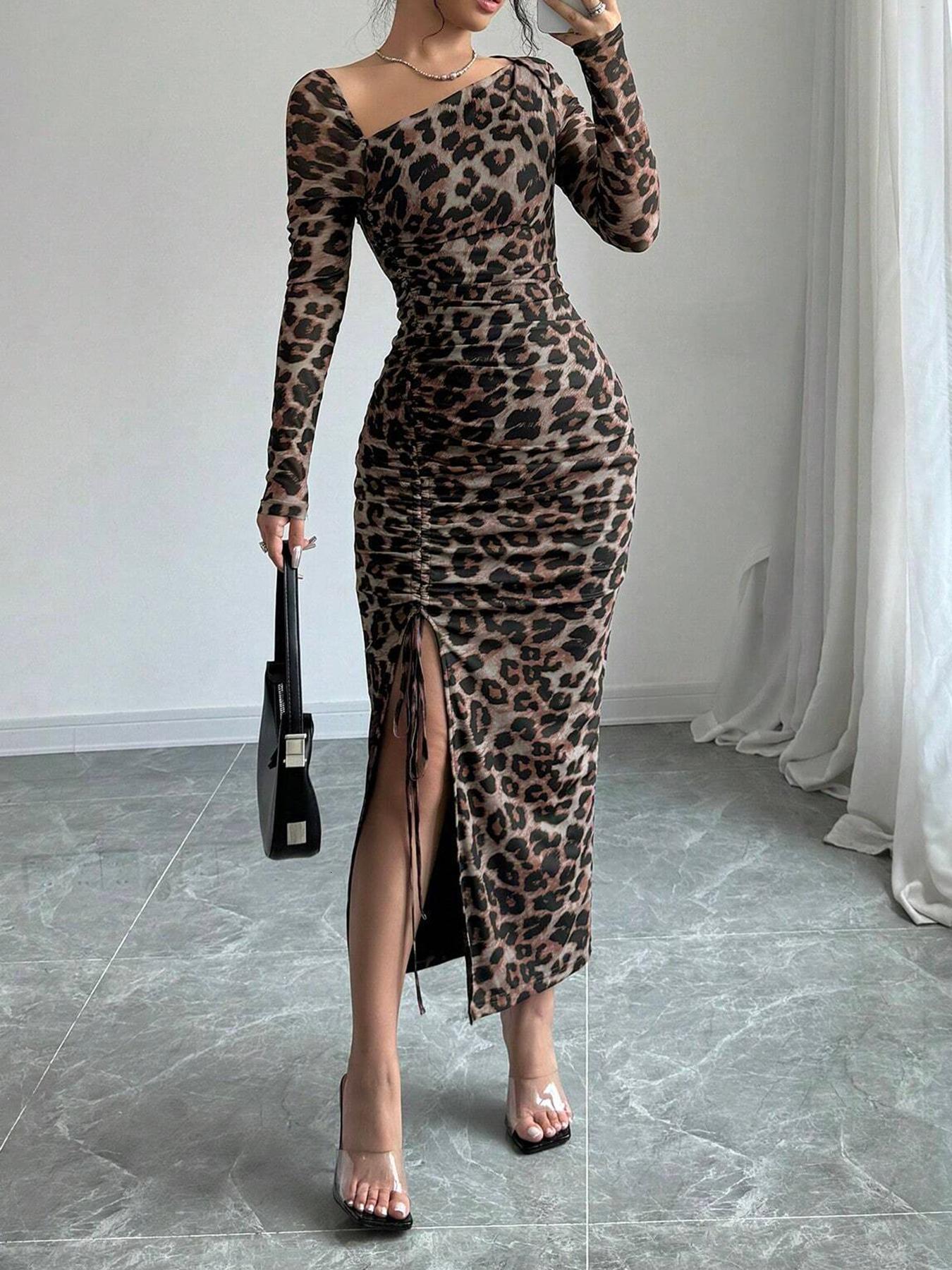 Leopard Print Round Neck Sexy Bodycon Long Dress For Women Long Dress Backless Summer Dresses Spring Autumn Party Club Vestidos 240819