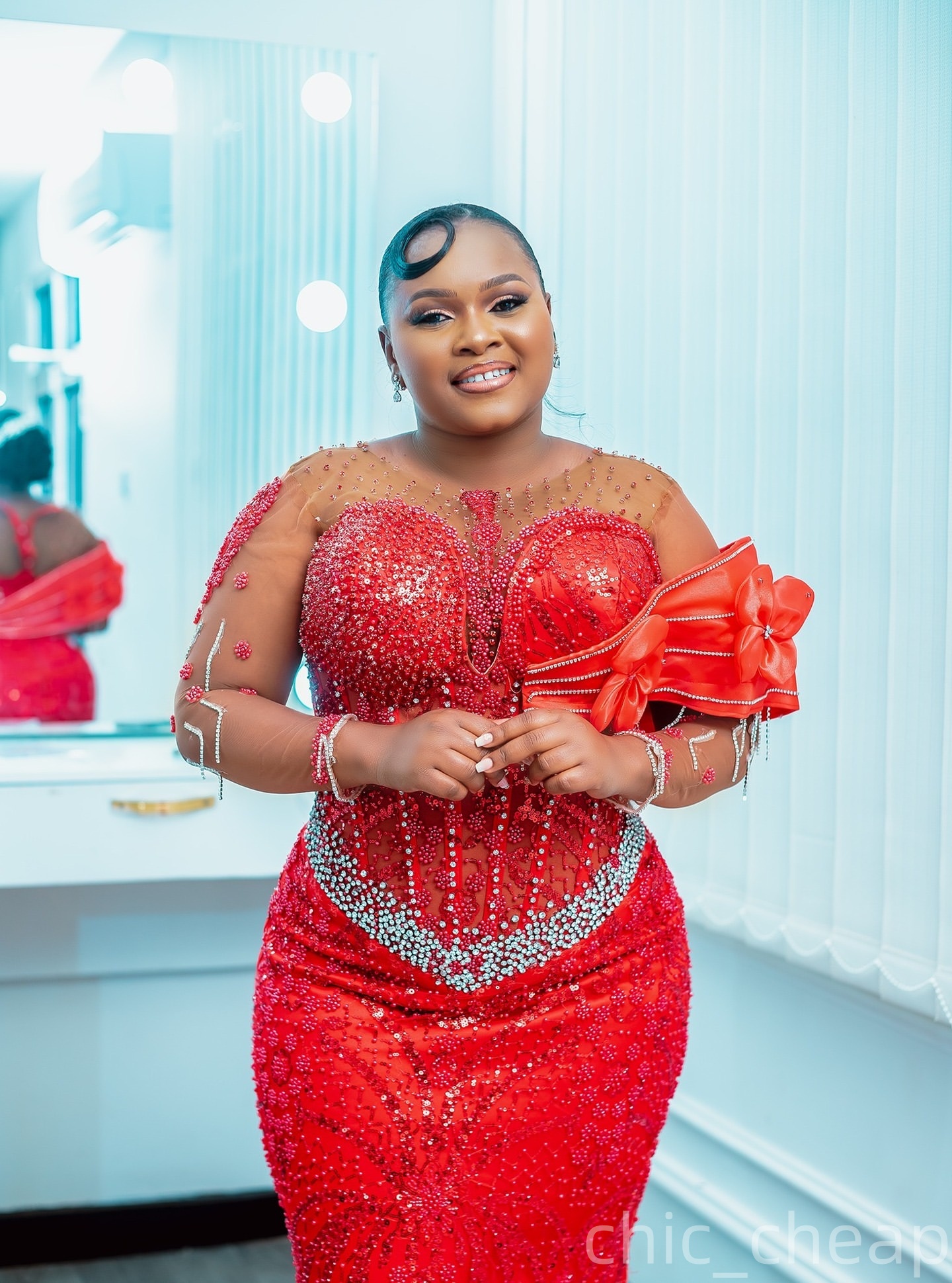 Aso Ebi Red Mermaid Prom Dresses 2026 Flowers Crystals Full Sleeves Evening Formal Party Second Birthday Engagement Gowns Plus Size Dress For Special 