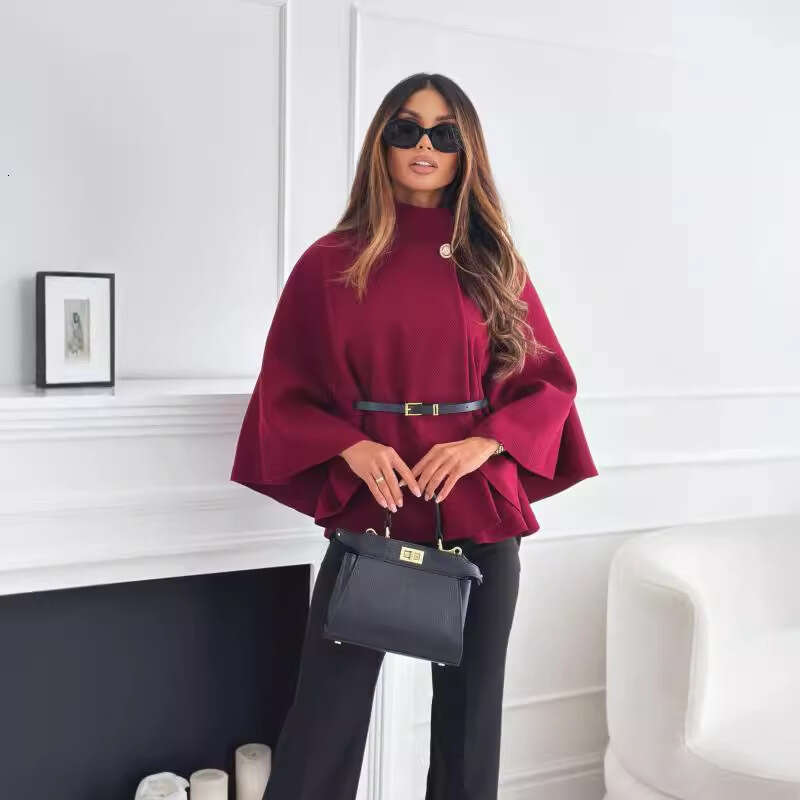 2025 New Winter Fashion Solid Color Waist-Tie Woolen Cape Coat for Women