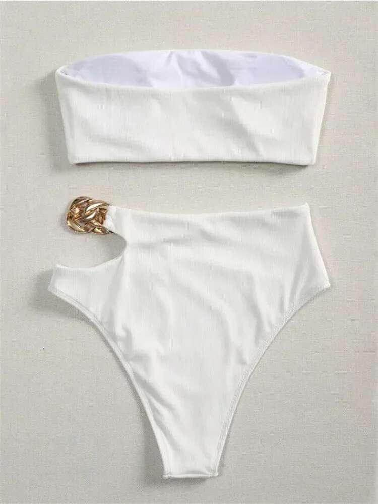 Dongdumaoyi Bandeau Bikini Women Sexy White Black Cut Out Metal High Waist Swimsuit Female Off Shoulder Bathing Suit Swimwear Beachwear