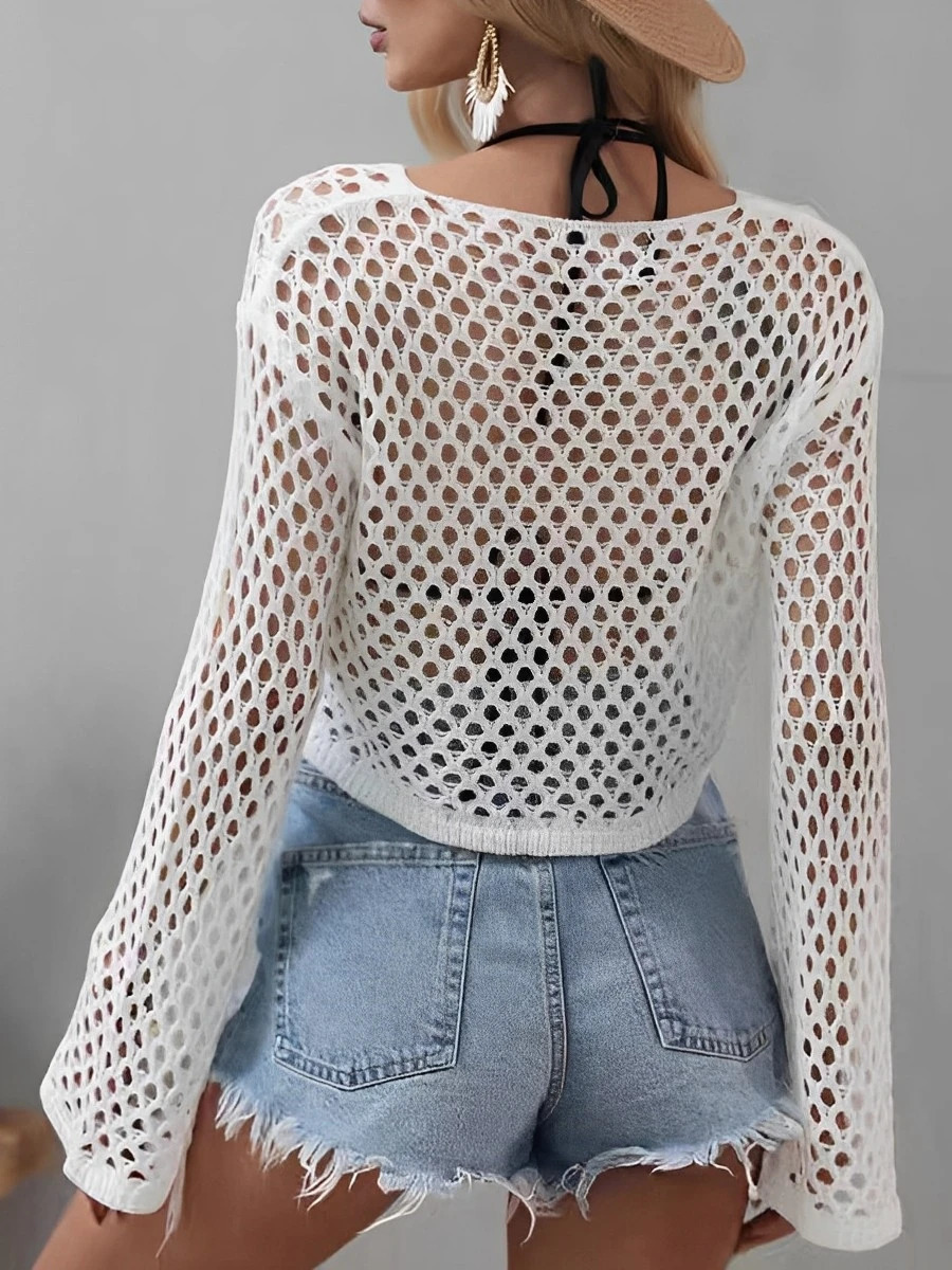 Mesh Crochet Beach Shirt Women Solid Cover Up Ladies Long Sleeve Tops Sexy Beachwear Bathers Swim Bathing Suit 250313