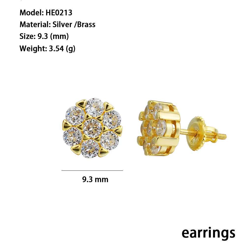 Wholesale Price High Quality Original Fine Jewelry Cubic Zircon Diamond Gold Plated 925 Silver Flower Stud Earrings for Men