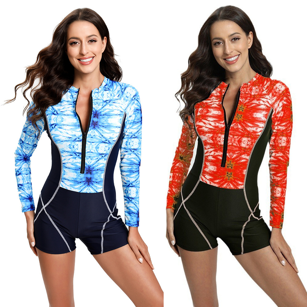 New diving women's long sleeved one-piece zipper flat corner pants with digital printing color blocked snorkeling surfing suit swimsuit