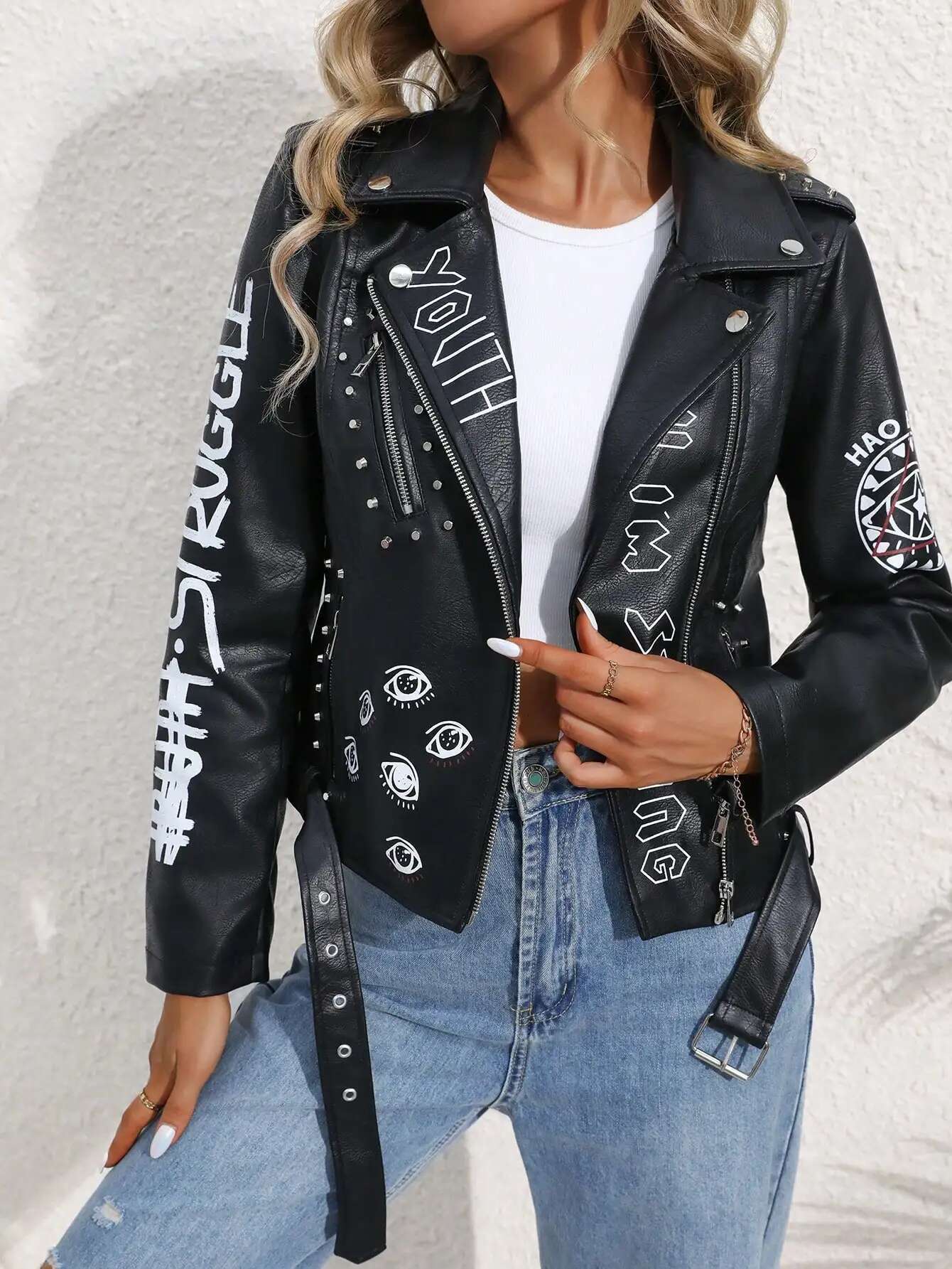 Fitaylor Women Faux PU Jacket Casual Lady Lapel Zipper Graffiti Print Leather Coat Moto Bike Rivet Outwear