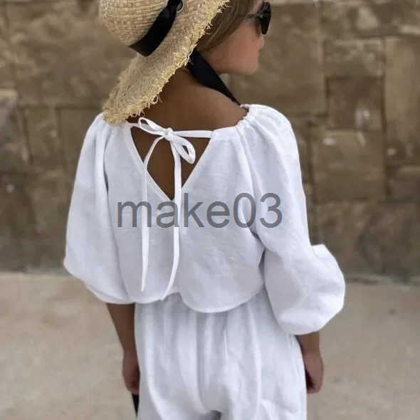 Childrens Set Russian Girl SprSummer Cotton Hemp Rope Fashion Top Casual Pants Two Piece 2024 Round Neck Simple J250403