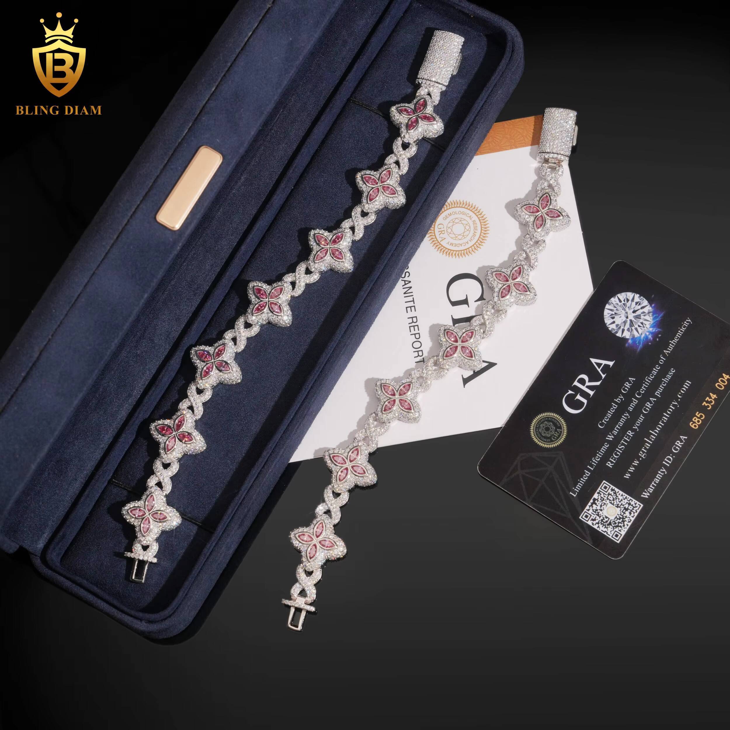 Moissanite Bracelet 925 Sterling Silver Chain 18mm Marquise Cut Pink Moissanite Rhodium Plated Bracelets Bangles Fashion Jewelry